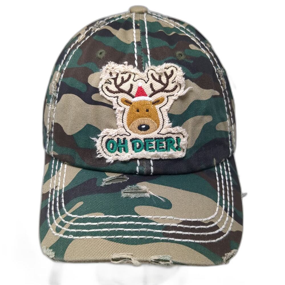 Christy Green Camo Oh Deer Reindeer Holiday Hat One Size Baseball Cap Distressed
